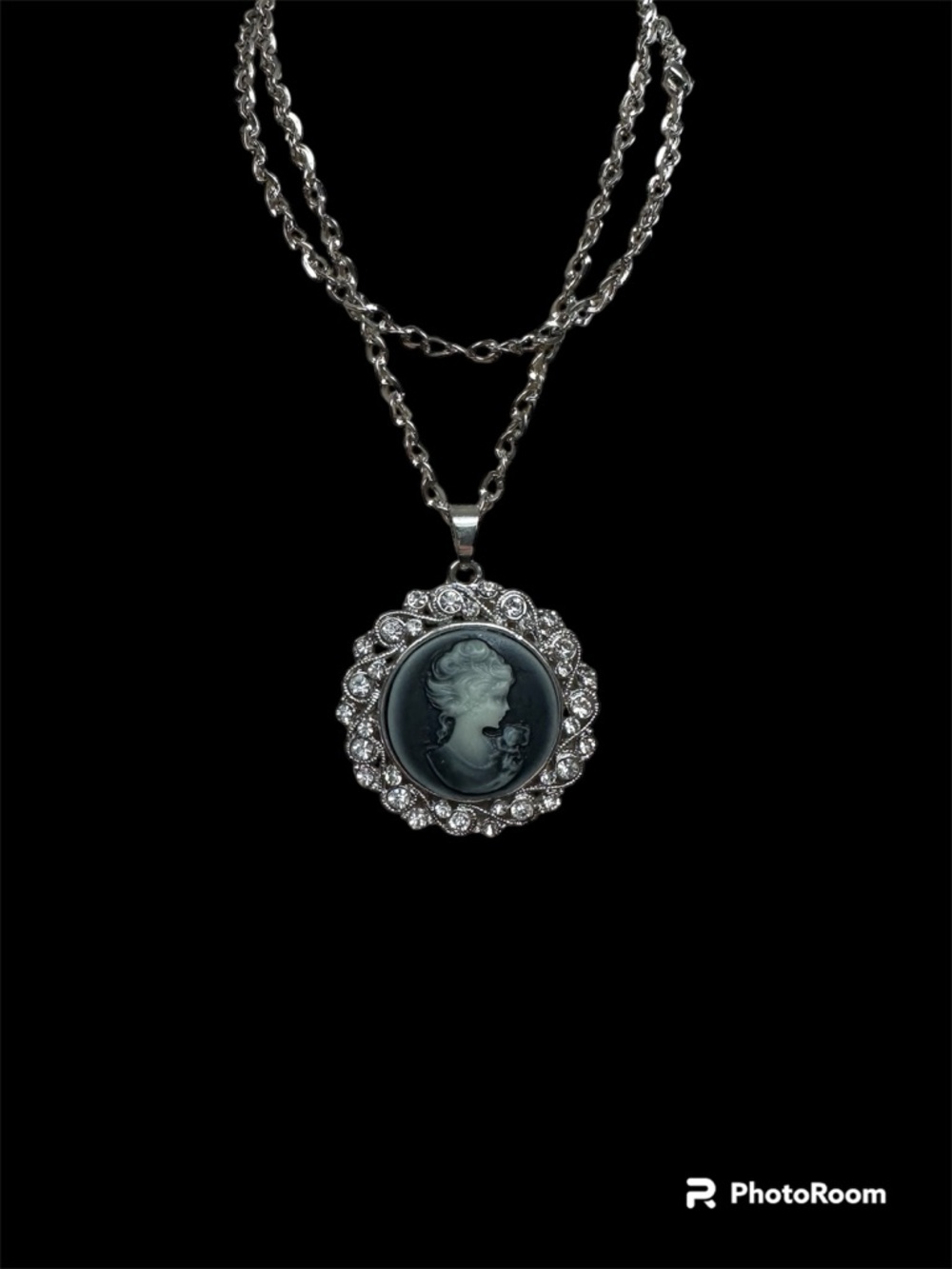 Silver-Tone Deep Blue-Gray Cameo Pendant Necklace with Crystal Halo